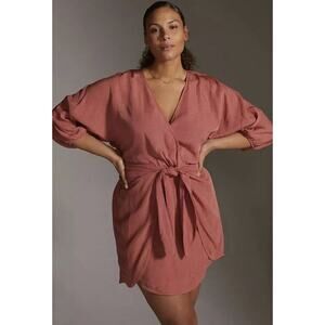 Anthropologie Puff Sleeve Wrap Mini Dress Linen Blend Rose Pink Womens Size 8